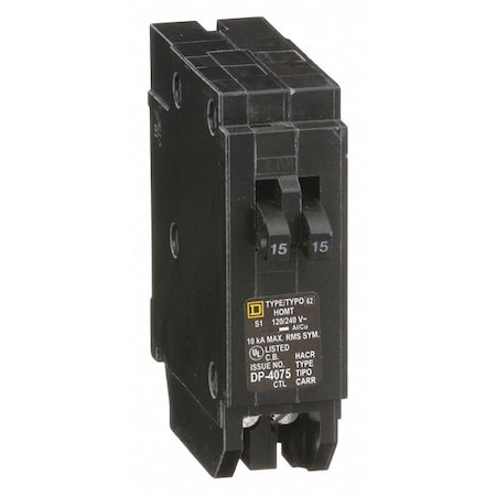 Miniature Circuit Breaker, HOMELINE Series, 15A, 1 Pole, 120V AC, 10kA at 120V AC MPN:HOMT1515
