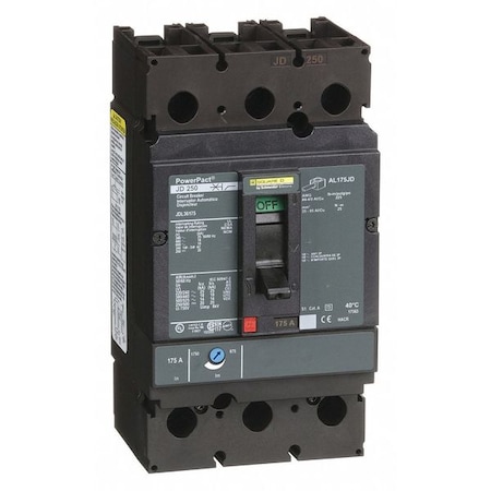 Molded Case Circuit Breaker, POWERPACT J Series, 175A, 3 Pole, 600V AC, 25kA at 240V AC MPN:JDL36175