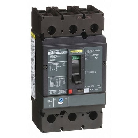 Molded Case Circuit Breaker, POWERPACT J Series, 200A, 3 Pole, 600V AC, 25kA at 240V AC MPN:JDL36200