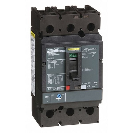 Molded Case Circuit Breaker, POWERPACT J Series, 250A, 3 Pole, 600V AC, 25kA at 240V AC MPN:JDL36250