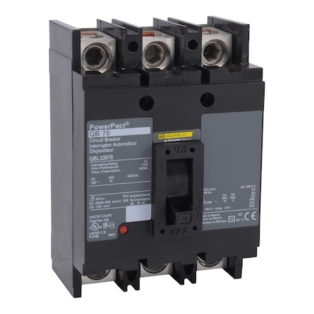 Molded Case Circuit Breaker, POWERPACT Q Series, 70A, 3 Pole, 240V AC, 10kA at 240V AC MPN:QBL32070