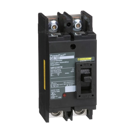 Molded Case Circuit Breaker, POWERPACT Q Series, 100A, 2 Pole, 240V AC, 10kA at 240V AC MPN:QBP22100TM