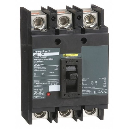 Molded Case Circuit Breaker, POWERPACT Q Series, 100A, 3 Pole, 240V AC, 25kA at 240V AC MPN:QDL32100