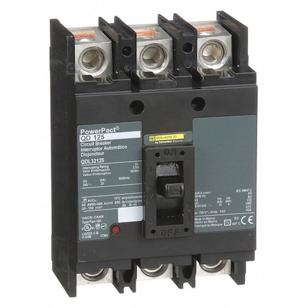 Molded Case Circuit Breaker, POWERPACT Q Series, 125A, 3 Pole, 240V AC, 25kA at 240V AC MPN:QDL32125