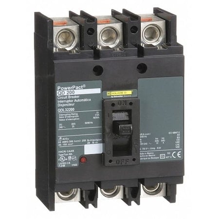 Molded Case Circuit Breaker, POWERPACT Q Series, 200A, 3 Pole, 240V AC, 25kA at 240V AC MPN:QDL32200