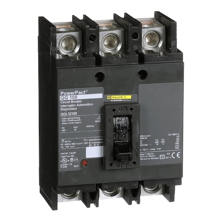 Molded Case Circuit Breaker, POWERPACT Q Series, 100A, 3 Pole, 240V AC, 65kA at 240V AC MPN:QGL32100