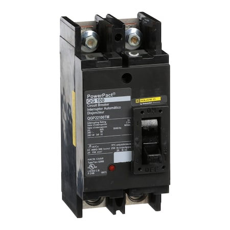 Molded Case Circuit Breaker, POWERPACT Q Series, 100A, 2 Pole, 240V AC, 65kA at 240V AC MPN:QGP22100TM