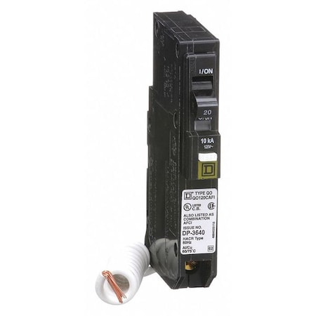 Miniature Circuit Breaker, HOMELINE Series, 20A, 1 Pole, 120V AC, 10kA at 120/240V AC MPN:QO120CAFI