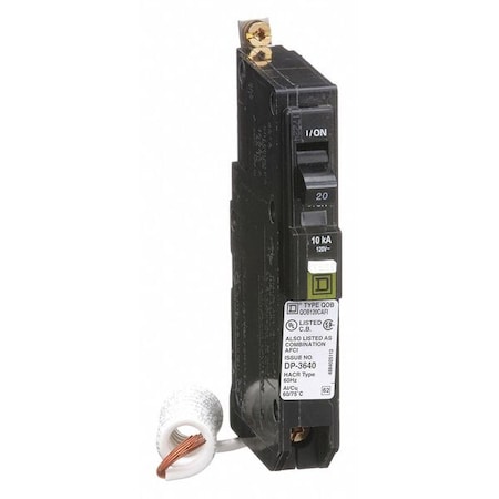 Miniature Circuit Breaker, HOMELINE Series, 20A, 1 Pole, 120V AC, 10kA at 120V AC MPN:QOB120CAFI
