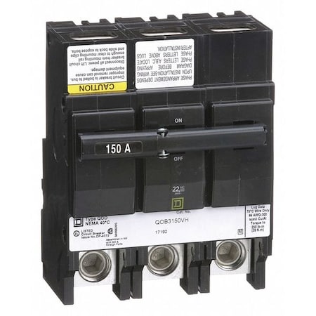 Miniature Circuit Breaker, QO Series, 150A, 3 Pole, 120/240V AC, 22kA at 120/240V AC MPN:QOB3150VH