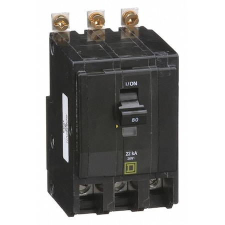 Miniature Circuit Breaker, QO Series, 80A, 3 Pole, 120/240V AC, 22kA at 120/240V AC MPN:QOB380VH