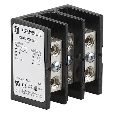 Power Distribution Block, 3 Pole, 150 A Copper, 600 V AC/DC, Surface Mount MPN:9080LBC362101