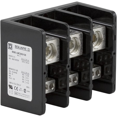 Power Distribution Block, 3 Pole, 380 A Copper, 600 V AC/DC, Surface Mount MPN:9080LBC363106