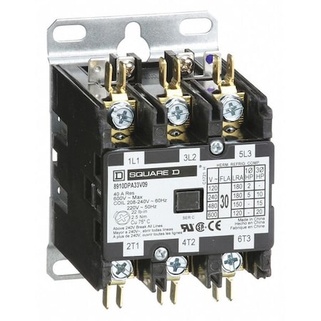 Definite Purpose Magnetic Contactor, 208V-240V AC, 3 P, Non-Reversing, 3 Phase MPN:8910DPA33V09