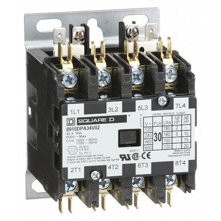 Definite Purpose Magnetic Contactor, 120V AC, 4 P, Non-Reversing, 3 Phase MPN:8910DPA34V02