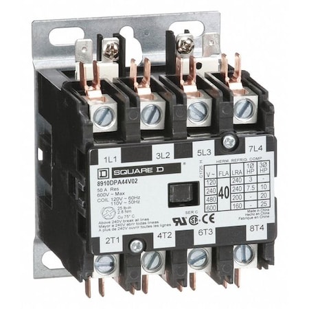 Definite Purpose Magnetic Contactor, 120V AC, 4 P, Non-Reversing, 3 Phase, Box Lug & Quick Connect MPN:8910DPA44V02