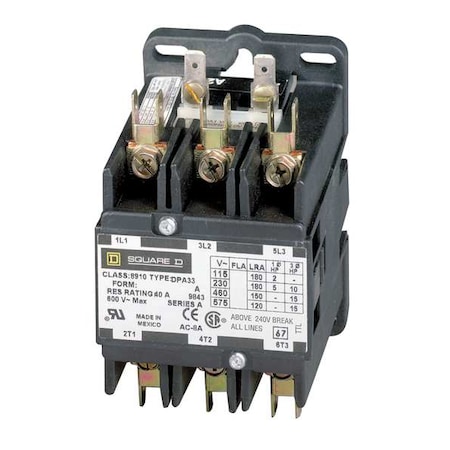 Definite Purpose Magnetic Contactor, 277V AC, 3 P, Non-Reversing, 3 Phase, Quick Connect MPN:8910DPA63V04