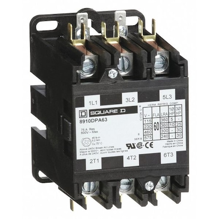 Definite Purpose Magnetic Contactor, 208V-240V AC, 3 P, Non-Reversing, 3 Phase MPN:8910DPA63V09
