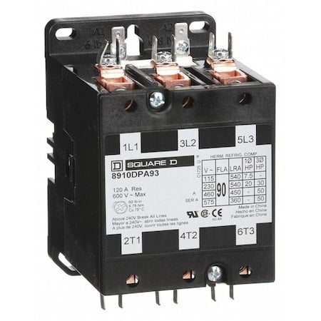 Definite Purpose Magnetic Contactor, 120V AC, 3 P, Non-Reversing, 3 Phase, Box Lug & Quick Connect MPN:8910DPA93V02