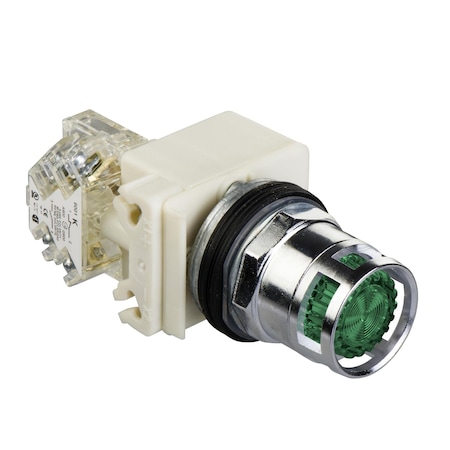 Illuminated push-button, Harmony 9001K, metal, metal guard flush, green, 30mm, spring return, 24-28V, 1 NO MPN:9001K3L35GH5