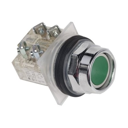 Push-button, Harmony 9001K, metal, recessed, green, 30mm, spring return, screw terminals for lug, 1 C/O MPN:9001KR2GH13Y238