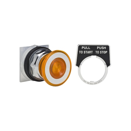 Illuminated push-button, Harmony 9001K, metal, mushroom 41mm, amber, 30mm, 2 positions, push-pull, 110-120V, 1 C/O MPN:9001KR9P1AH13