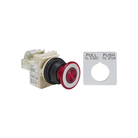 Illuminated push-button, Harmony 9001SK, plastic, mushroom 41mm, red, 30mm, 2 positions, push-pull, 24-28V, 1 C/O MPN:9001SKR9P35RH13