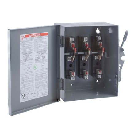 Safety switch, double throw, non fusible, 30A, 240V, 3 pole, NEMA 1, fuse class T4 MPN:92351