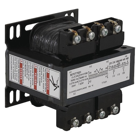 Control Transformer, 75 VA, Not Rated, 24V, 208/240/277/380/480V MPN:9070T75D19