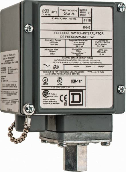 4, 13 and 4X NEMA Rated, DPDT, 5 to 250 psig, Electromechanical Pressure and Level Switch MPN:9012GAW26