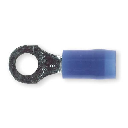 Ring Terminal, #8 Stud Size, 14 AWG, 600 V, Nylon Insulated, Blue, Crimp Termination Only, 100 PK MPN:RB14-8