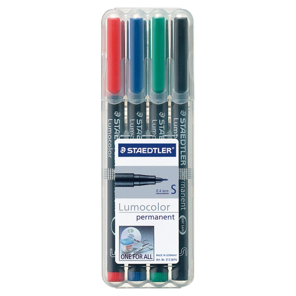 Staedtler Lumocolor Permanent Markers, Fine Point, Black Barrel, Assorted Ink, Pack Of 4 MPN:317 WP4