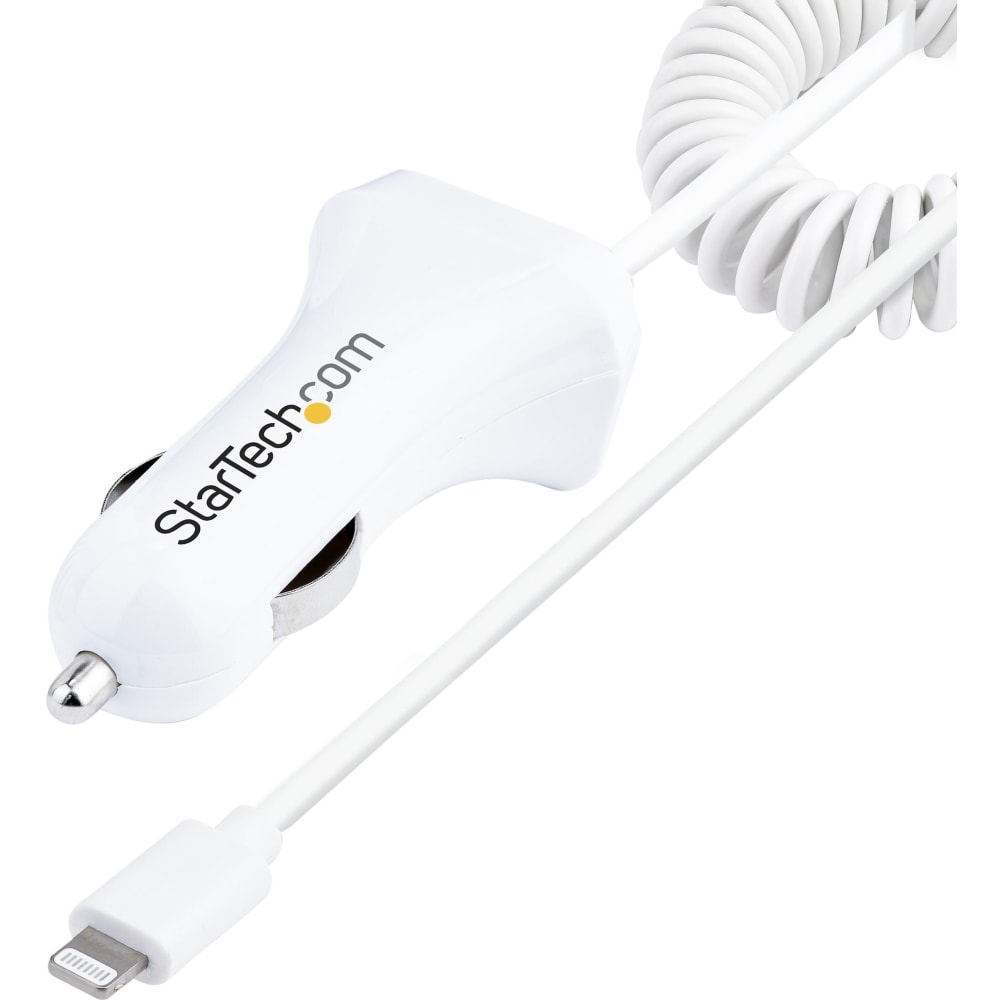 StarTech.com Lightning Car Charger with Coiled Cable, 1m Built-in Cable, 12W, White, 2 Port USB Car Charger Adapter, In Car iPhone Charger MPN:USBLT2PCARW2