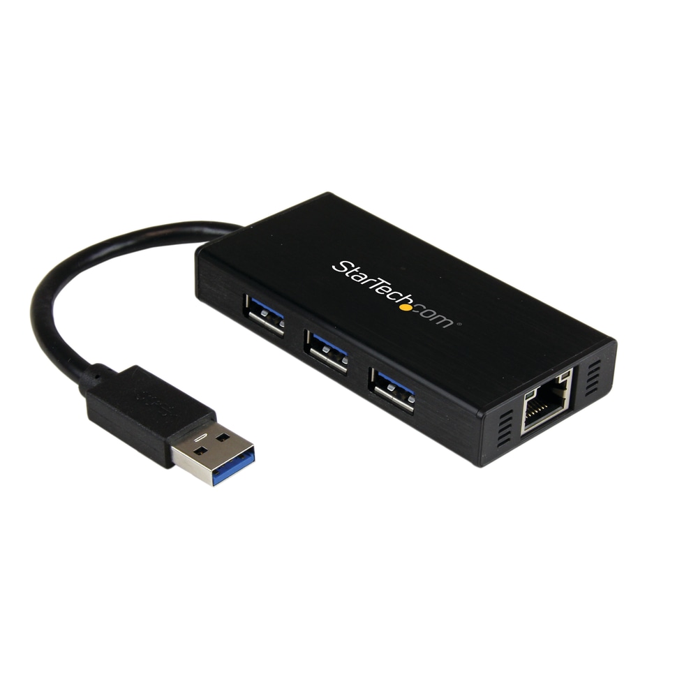StarTech.com 3 Port Portable USB 3.0 Hub with Gigabit Ethernet Adapter NIC - Aluminum w/ Cable MPN:ST3300GU3B