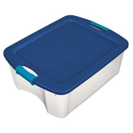 Stackable Storage Tote W/ Lid, 18 gal, 23-5/8 in L x 18-5/8 in W x 13-5/8 in H, Clear, Blue MPN:14469606