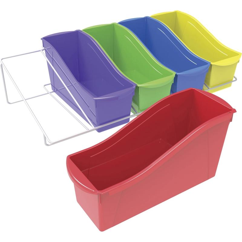 Storex Book Bins 5 Compartment Shelf Rack, Medium Size, 7 1/4in x 14 3/10in x 25 11/16in, Assorted Color Bins/White Metal Rack MPN:71125U01C
