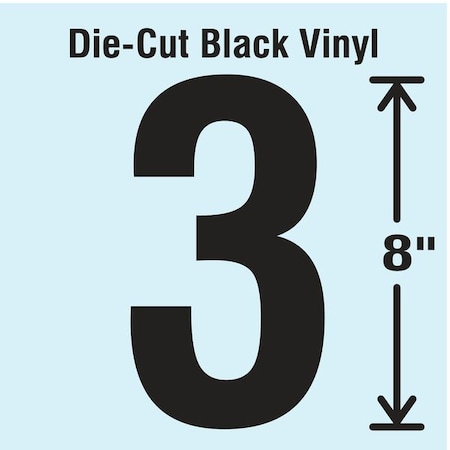Die-Cut Number Label, 8 in Character Height, Vinyl, Non-Reflective, Gothic, Black, Number 3 MPN:DBV-SINGLE-8-3