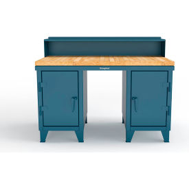 Strong Hold® Double Pedestal Shop Desk with Riser & Drawer 60''W x 36''D Blue 53.1-WS-360-4DB-MT-RAL5001