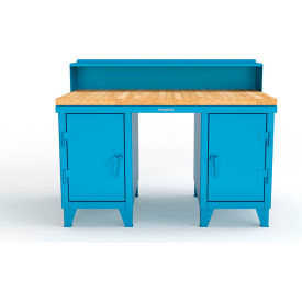 Strong Hold® Double Pedestal Shop Desk with Riser & Drawer 60''W x 36''D Light Blue 53.1-WS-360-4DB-MT-RAL5012