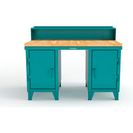Strong Hold® Double Pedestal Shop Desk with Riser & Drawer 60''W x 36''D Teal 53.1-WS-360-4DB-MT-RAL5021