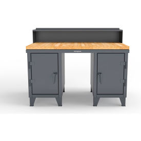Strong Hold® Double Pedestal Shop Desk with Riser & Drawer 60''W x 36''D Dark Gray 53.1-WS-360-4DB-MT-RAL7024