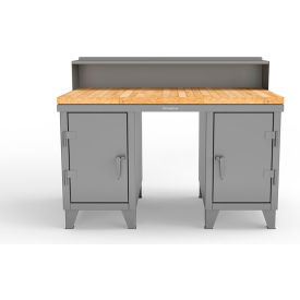 Strong Hold® Double Pedestal Shop Desk with Riser & Drawer 60''W x 36''D Dusty Gray 53.1-WS-360-4DB-MT-RAL7037