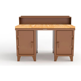 Strong Hold® Double Pedestal Shop Desk with Riser & Drawer 60''W x 36''D Brown 53.1-WS-360-4DB-MT-RAL8008