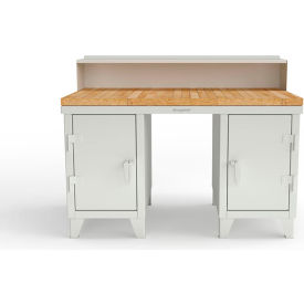 Strong Hold® Double Pedestal Shop Desk with Riser & Drawer 60''W x 36''D White 53.1-WS-360-4DB-MT-RAL9003