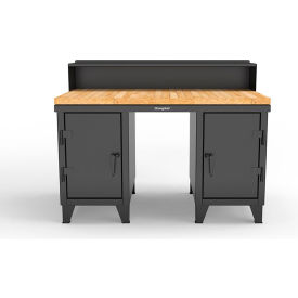 Strong Hold® Double Pedestal Shop Desk with Riser & Drawer 60''W x 36''D Black 53.1-WS-360-4DB-MT-RAL9005