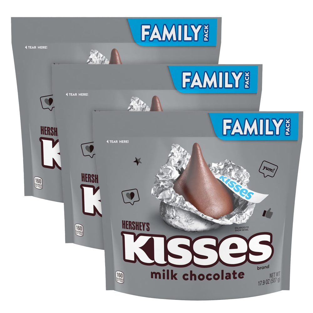 KISSES Hersheys Milk Chocolate Family Pack Stand Up Bags, 17.9 Oz, Pack Of 3 Bags MPN:008101289232