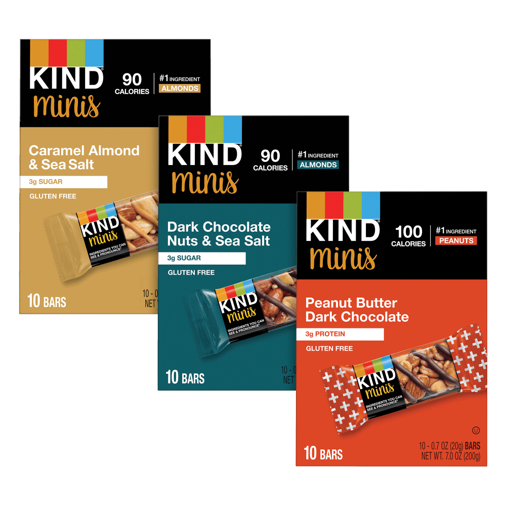 KIND Minis Variety Pack, Dark Chocolate Nuts & Sea Salt/Caramel Almond Sea Salt/Peanut Butter Dark Chocolate, 1.4 Oz, Pack Of 30 Bars MPN:008101289423
