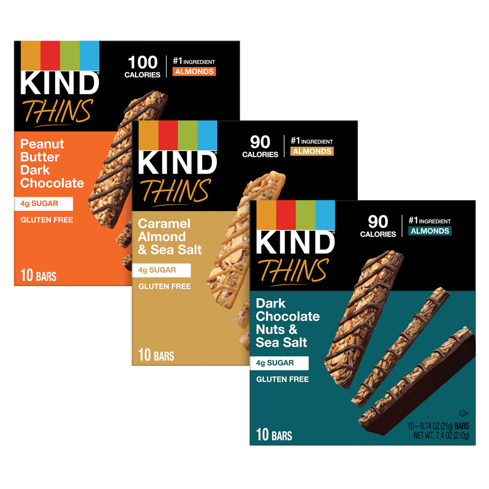 KIND Thins Variety Pack, Dark Chocolate Nuts & Sea Salt/Caramel Almond Sea Salt/Peanut Butter Dark Chocolate, 0.74 Oz, Pack Of 30 Thins MPN:008101289430