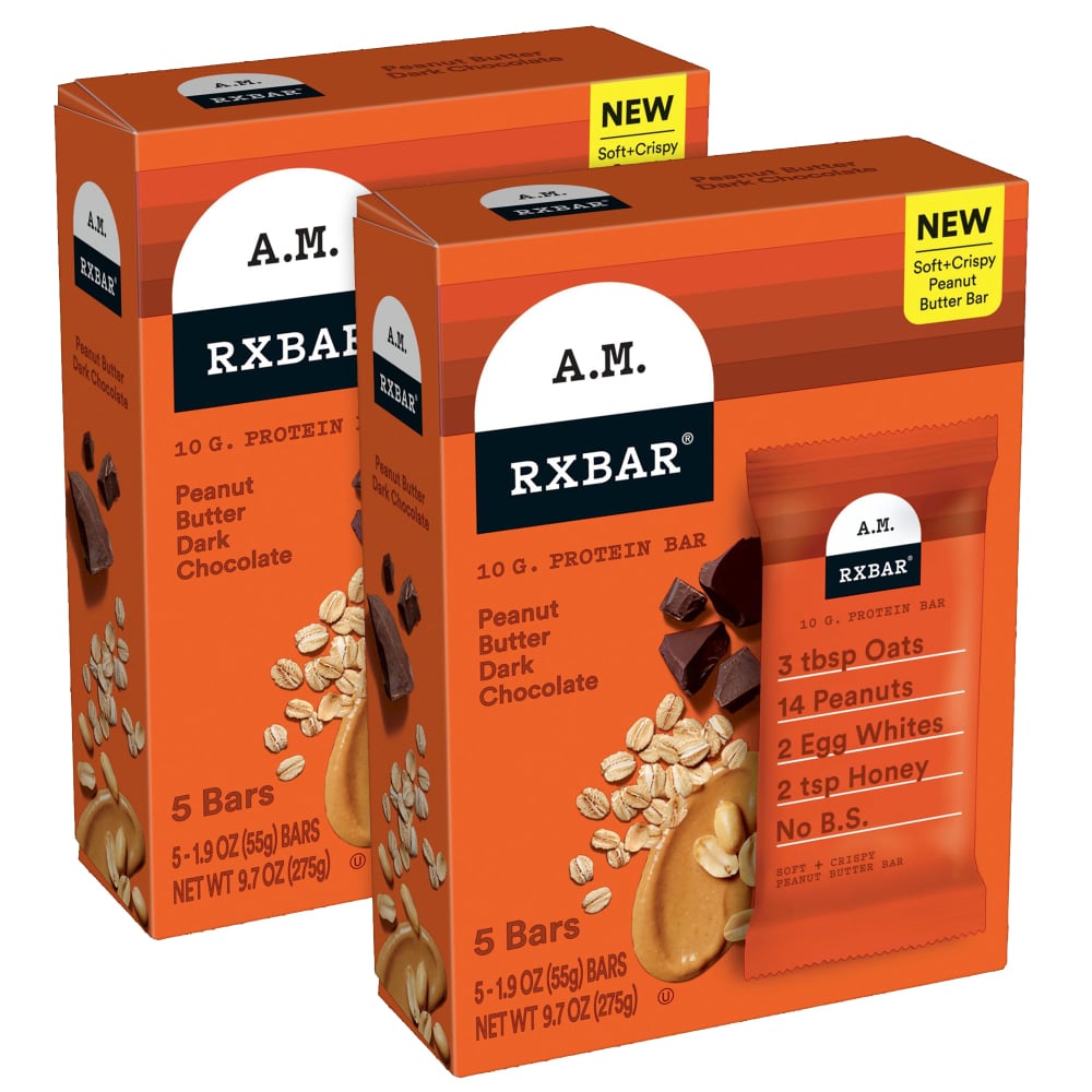 RXBAR A.M. Peanut Butter Dark Chocolate Protein Bars, 1.9 Oz, 5 Bars Per Box, Pack Of 2 Boxes MPN:008101289461