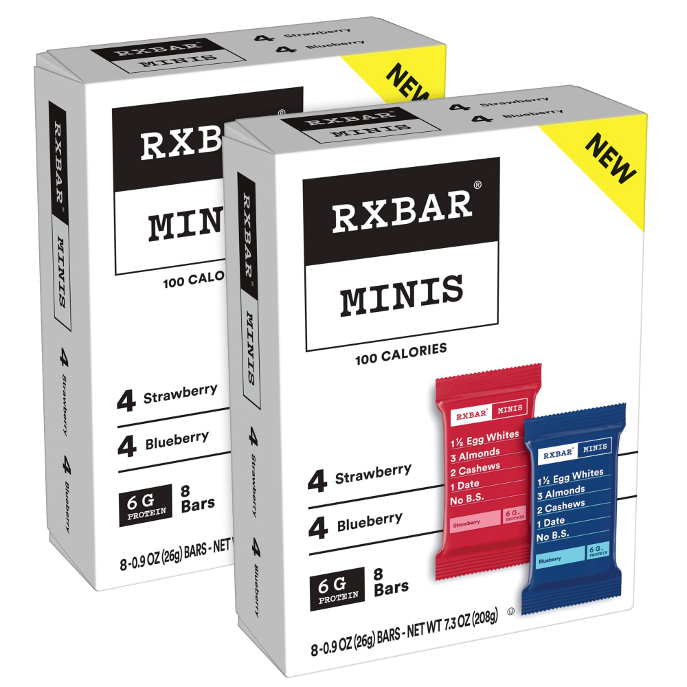 RXBAR MINIS Strawberry + Blueberry Bars, 0.9 Oz, 8 Bars Per Box, Pack Of 2 Boxes MPN:008101289478